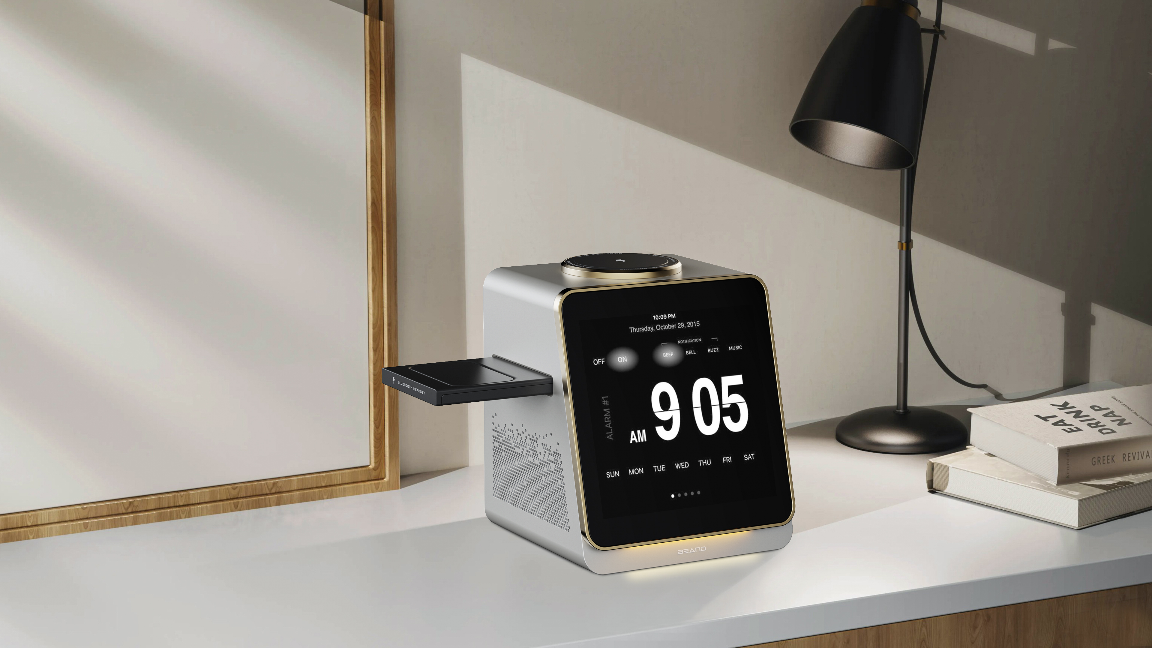 industrial design，Three in one wireless charging，Bluetooth speaker design，Desktop Aesthetics，Smart home，YX Design，Structural design，Minimalist Electronics，