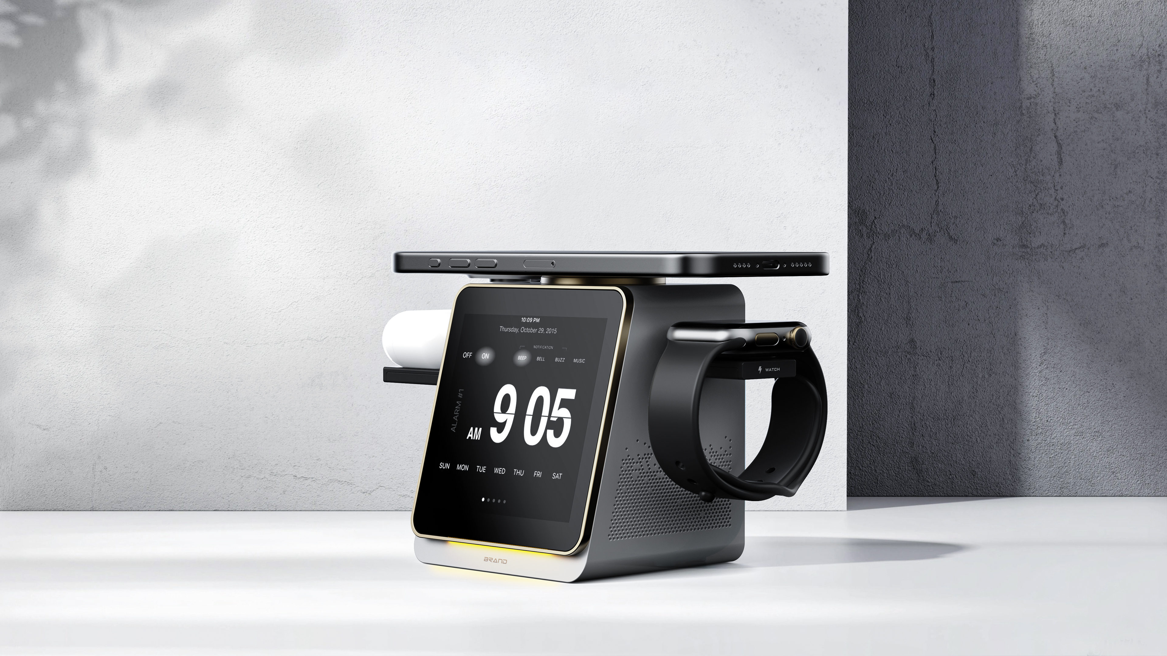 industrial design，Three in one wireless charging，Bluetooth speaker design，Desktop Aesthetics，Smart home，YX Design，Structural design，Minimalist Electronics，
