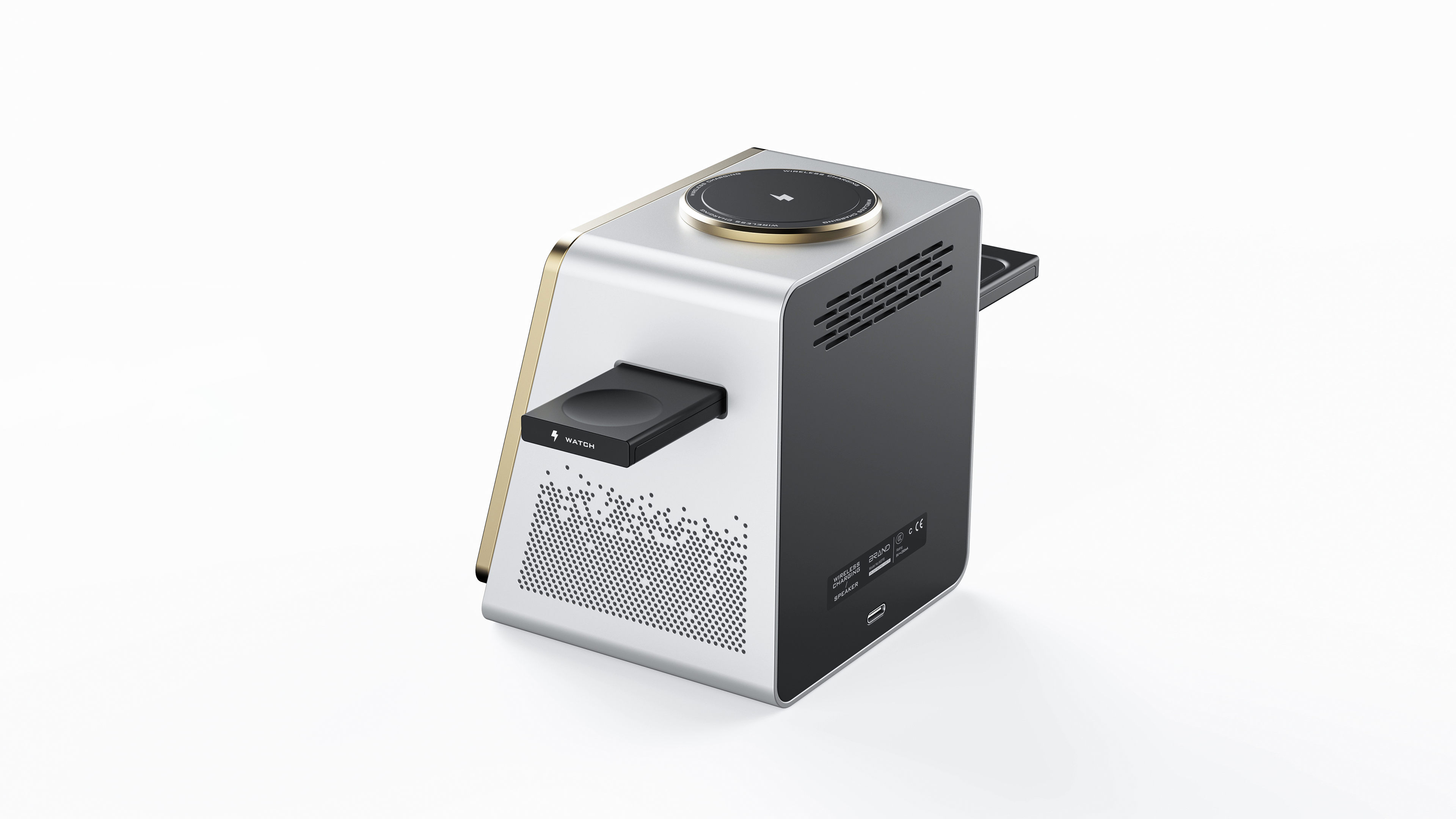 industrial design，Three in one wireless charging，Bluetooth speaker design，Desktop Aesthetics，Smart home，YX Design，Structural design，Minimalist Electronics，