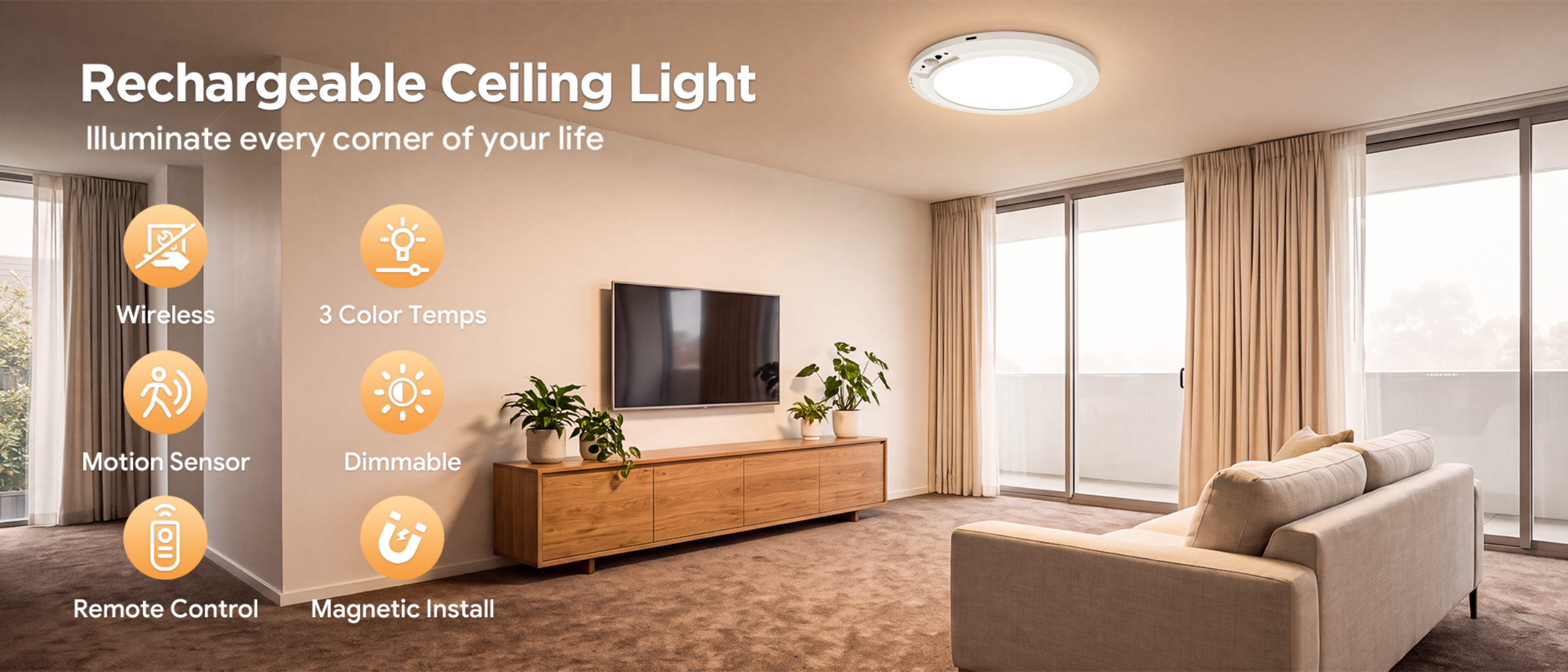 Rechargeable ceiling light，Ceiling lamp，Three-color ceiling lamp，