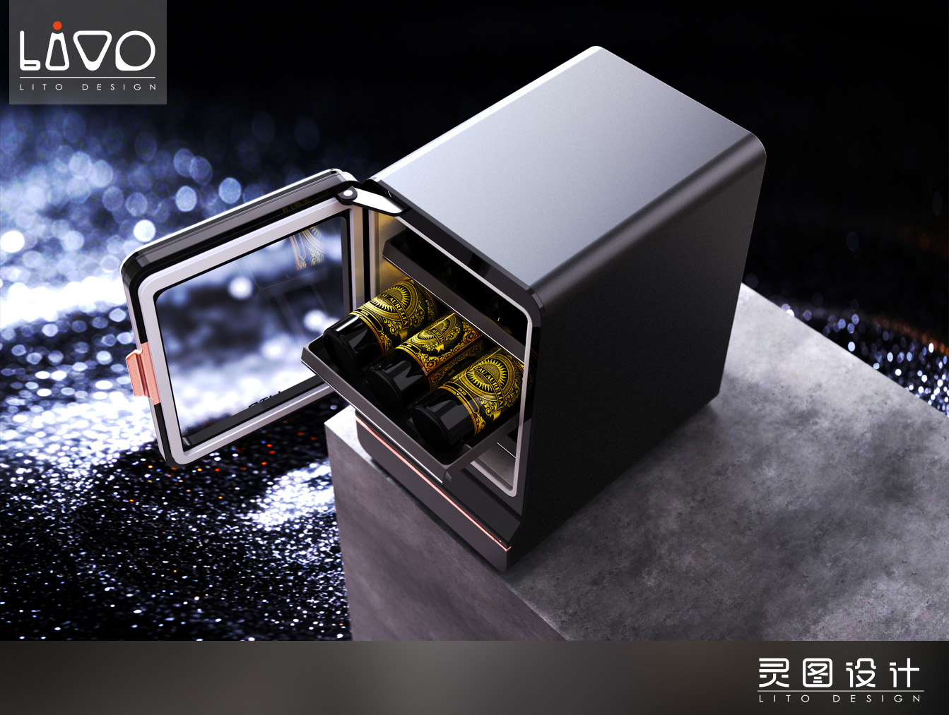 Constant temperature red wine cigar cabinet，Thermostat，Red wine cabinet，product design，spirit map design，Small household appliances with high appearance value，Appearance design，industrial design，