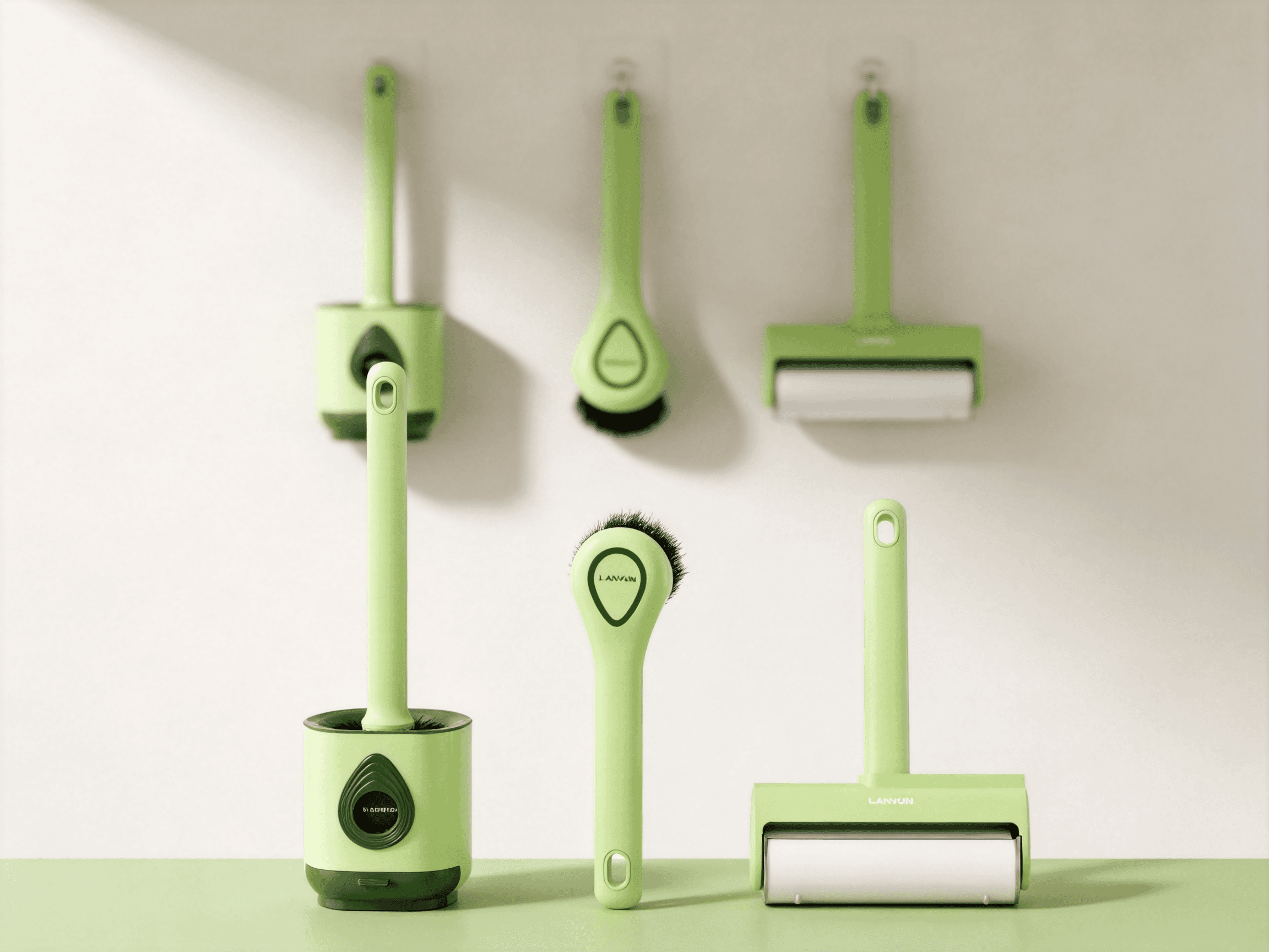 Toilet brush，Pot brush design，Design of Roller Hair Sticker，Household cleaning kit combination design，avocado green color matching，
