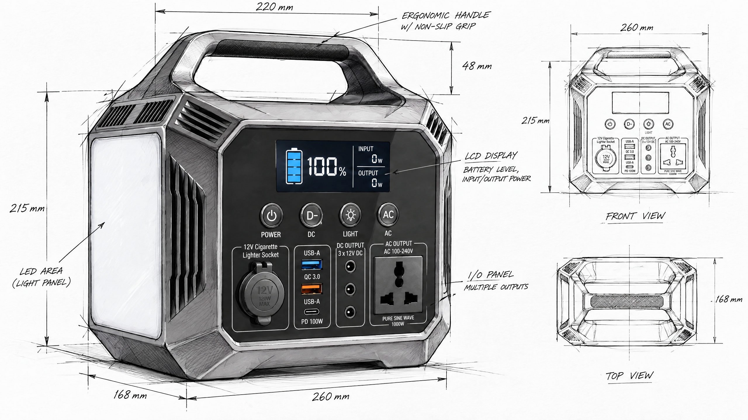 Outdoor power supply，Energy storage power supply，industrial design，product design，CMF design，Structural design，camping outfit，