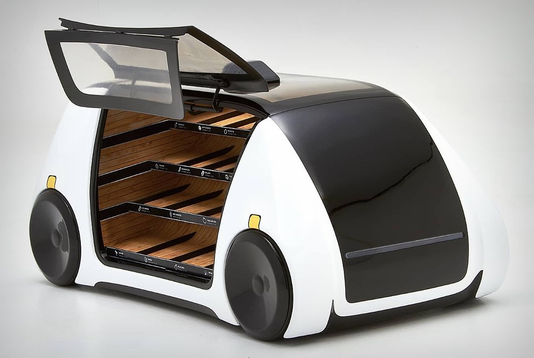 Robomart，supermarket，vehicle，move，white，black，convenient，