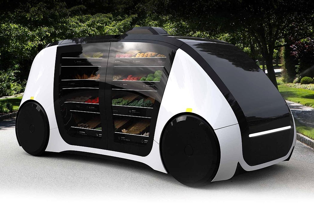 Robomart，supermarket，vehicle，move，white，black，convenient，