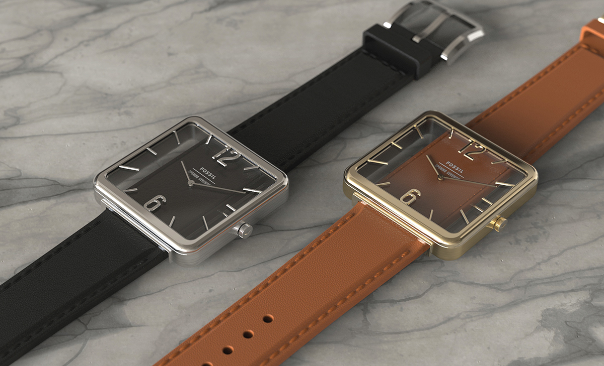Wrist watch，Wristwatch，black，brown，square，fossil，