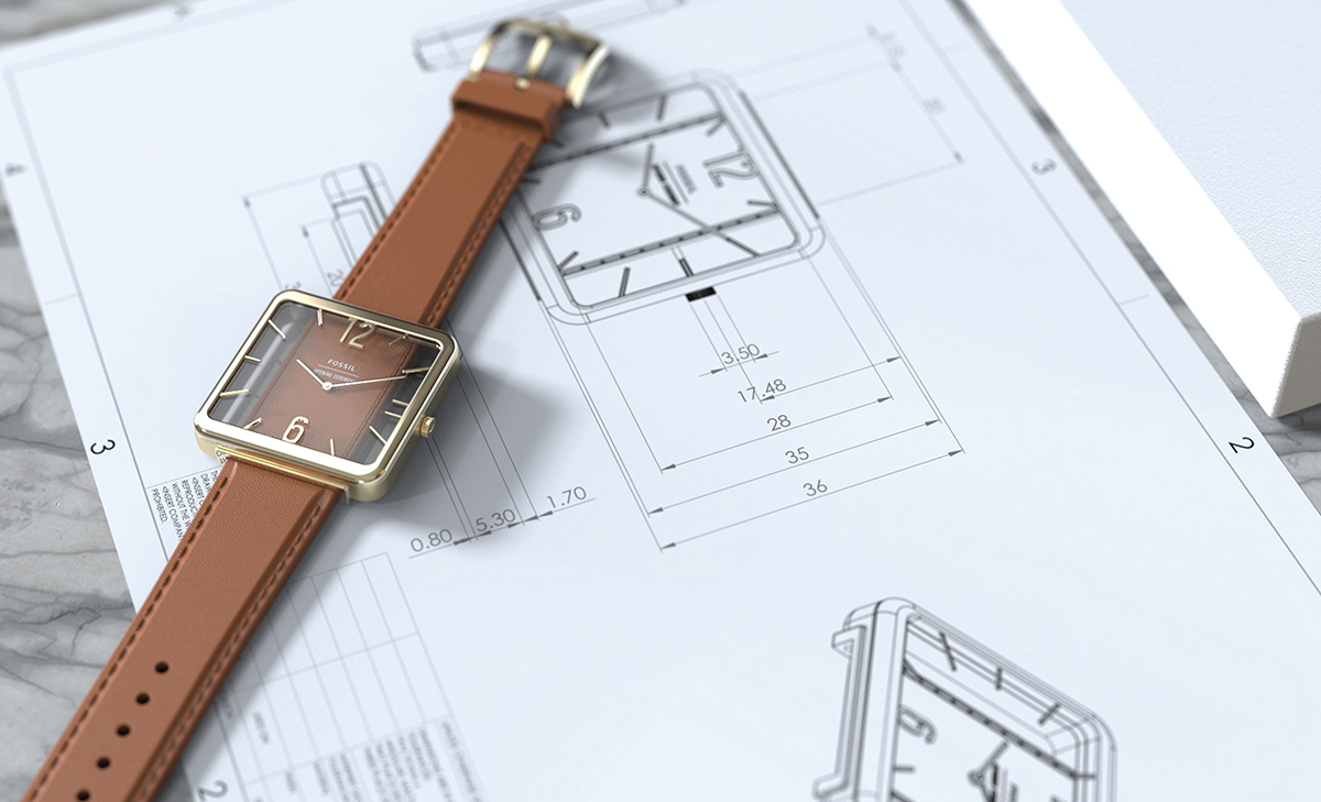 Wrist watch，Wristwatch，black，brown，square，fossil，