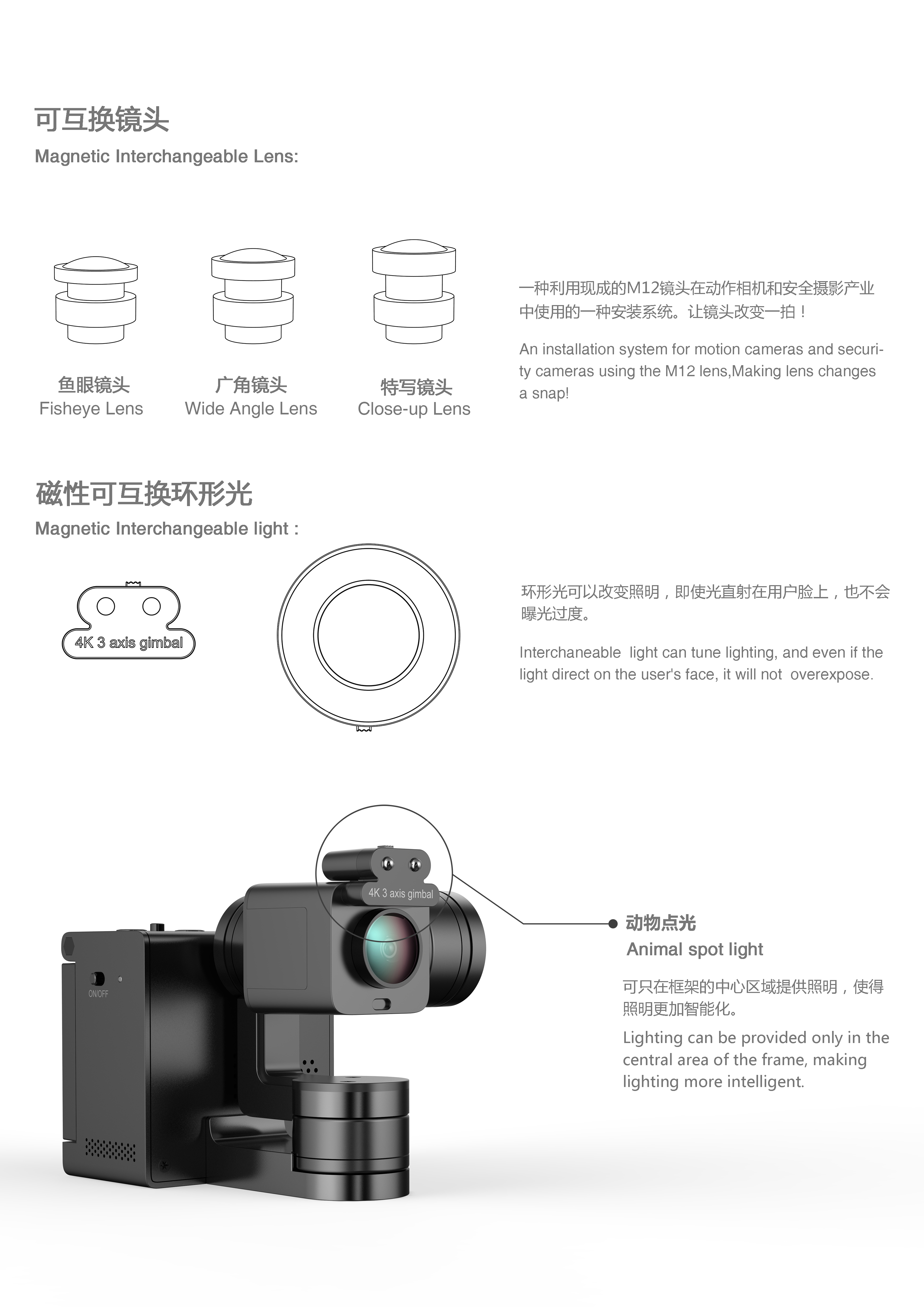 Three axis 4K camera, lens, face recognition，