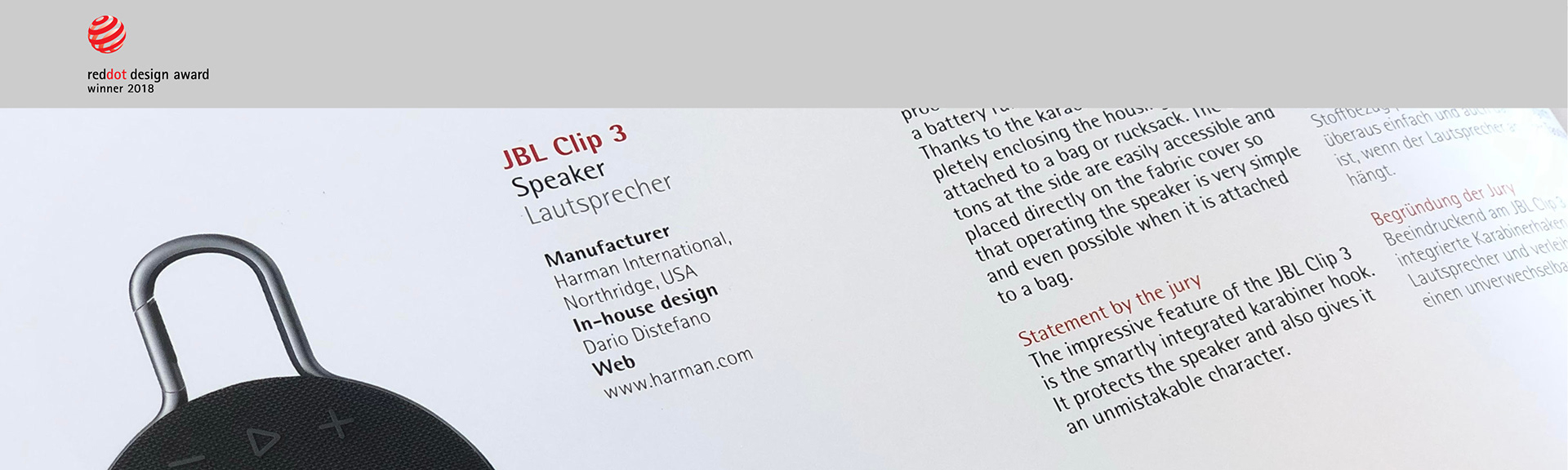 product design，Digital，loudspeaker box，JBL CLIP3，2018 red dot award，