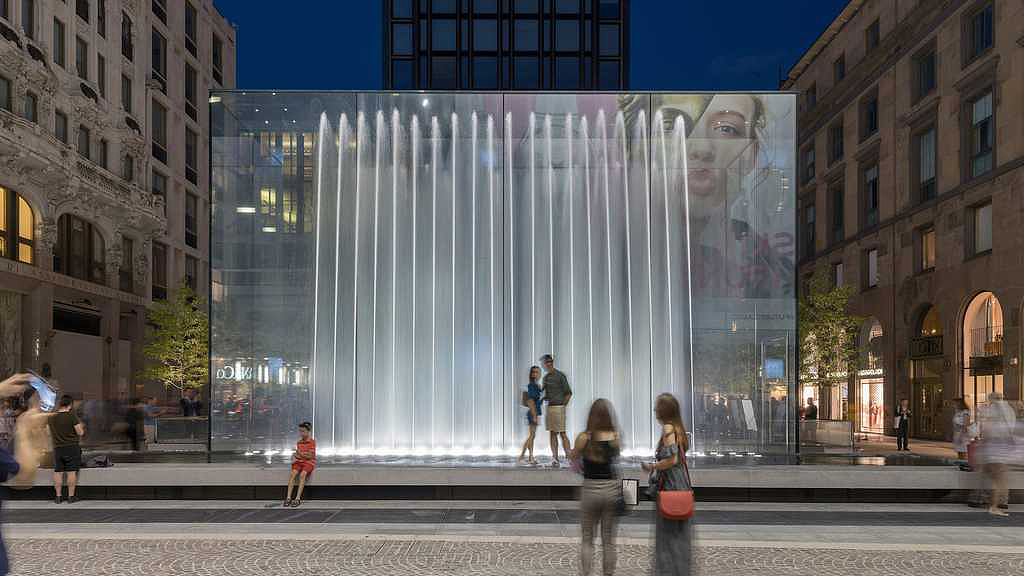 Apple Inc，fountain，Architectural design，Minimalist，modern stylish，water，lighting，Milan, Italy，Electronic consumption，furniture design ，Modern design，Interior design，