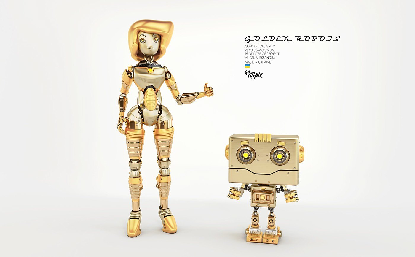 Digital rendering，works，golden，robot，