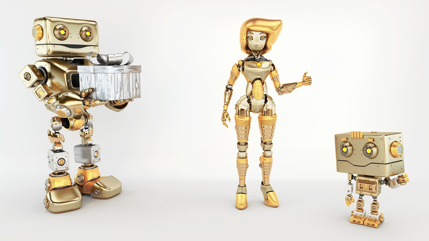 Digital rendering，works，golden，robot，