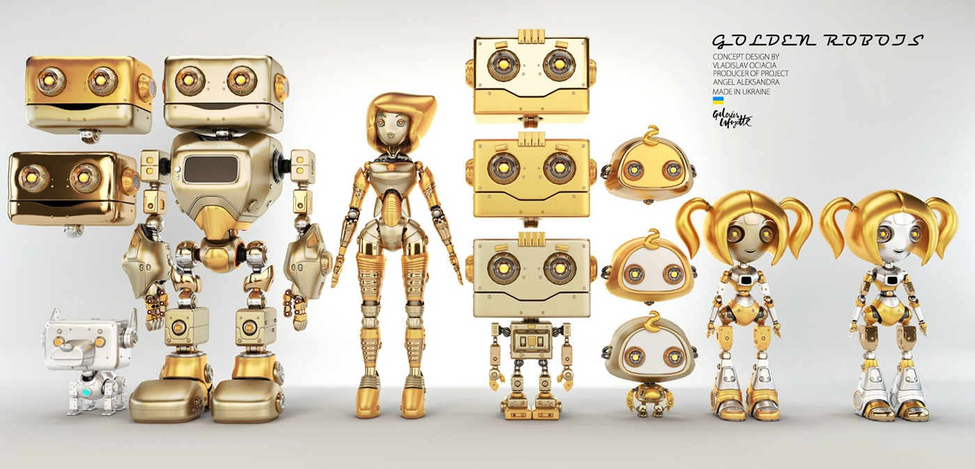Digital rendering，works，golden，robot，