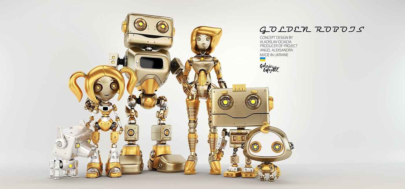 Digital rendering，works，golden，robot，
