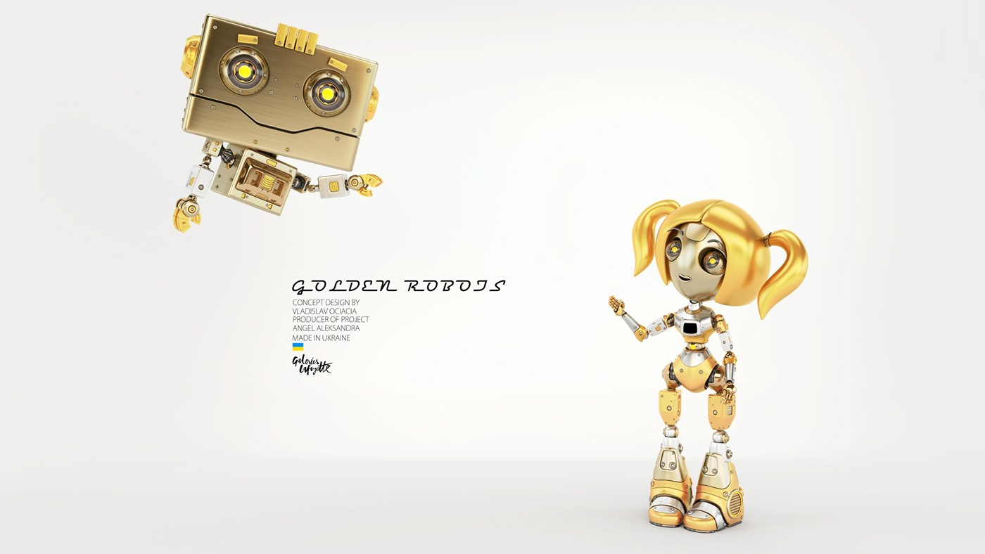 Digital rendering，works，golden，robot，