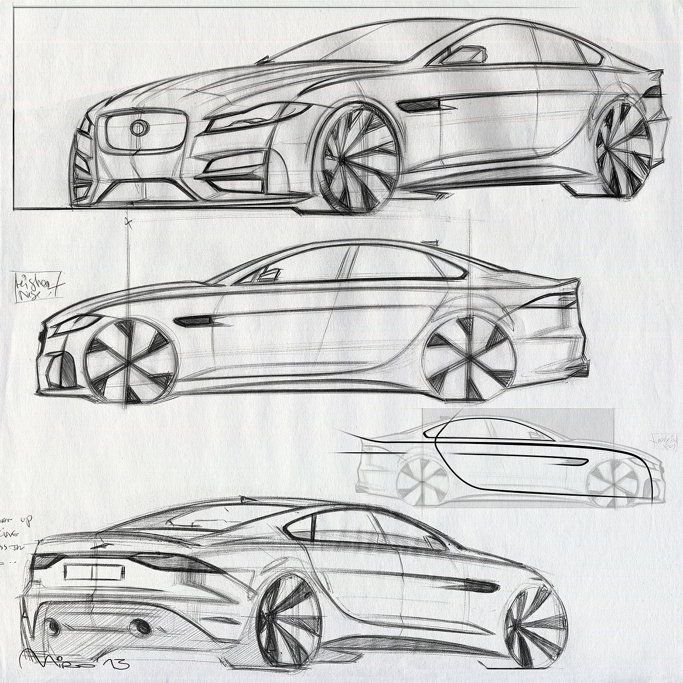 Automobile design，sketch，Jaguar XF，Hand drawn draft，