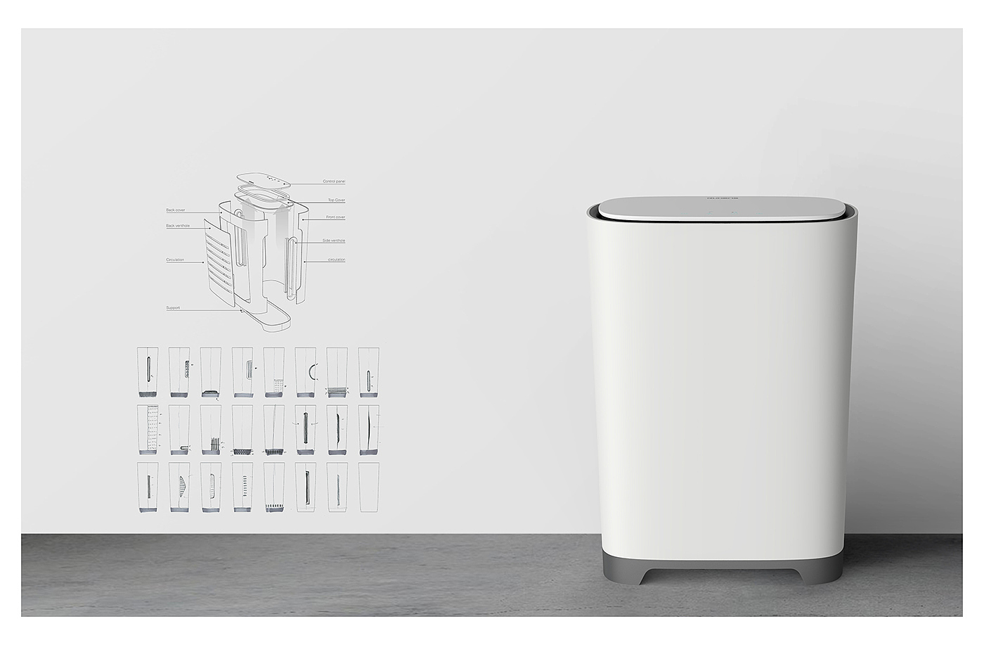air cleaner，small-scale，white，industrial design，product design，