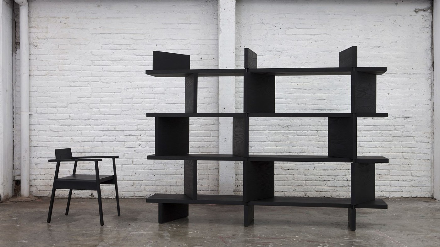 product design，industrial design，Red oak，black，table，chair，bookshelf，