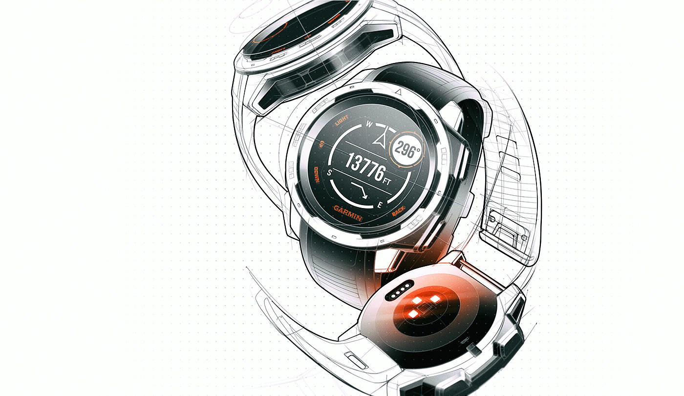 product design，industrial design，black，Sports Watch，Wrist watch，surface，garmin，