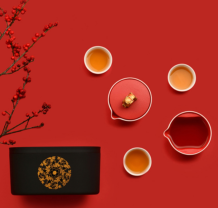 GROTTO，Gele，tea，Gift box，National treasure，Cultural Relic，German red dot，ceramics，still life，Chinese Red，new year，as，tea set，prodigy ，the Imperial Palace，Poxi，