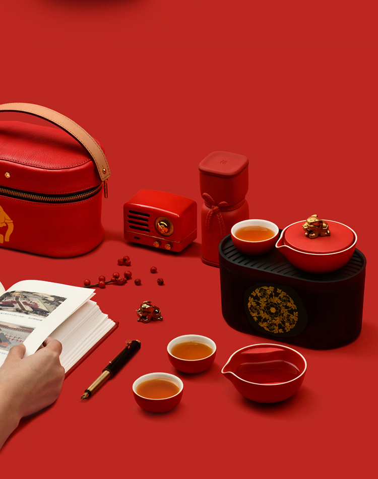 GROTTO，Gele，tea，Gift box，National treasure，Cultural Relic，German red dot，ceramics，still life，Chinese Red，new year，as，tea set，prodigy ，the Imperial Palace，Poxi，