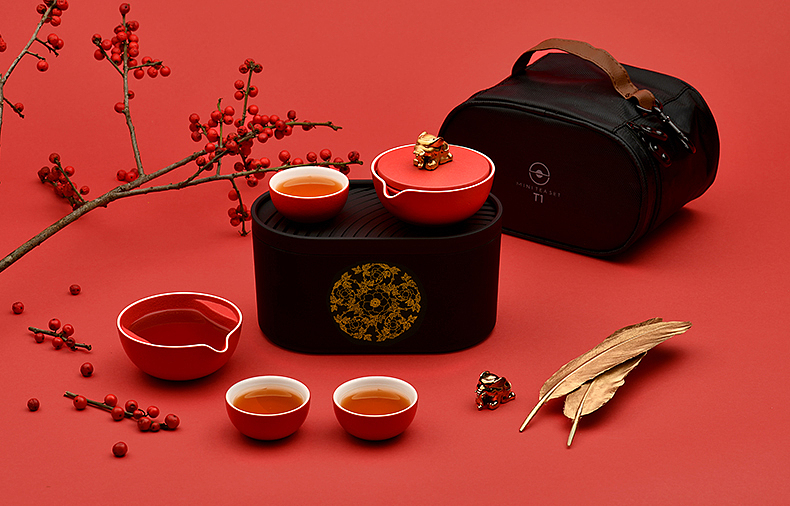 GROTTO，Gele，tea，Gift box，National treasure，Cultural Relic，German red dot，ceramics，still life，Chinese Red，new year，as，tea set，prodigy ，the Imperial Palace，Poxi，