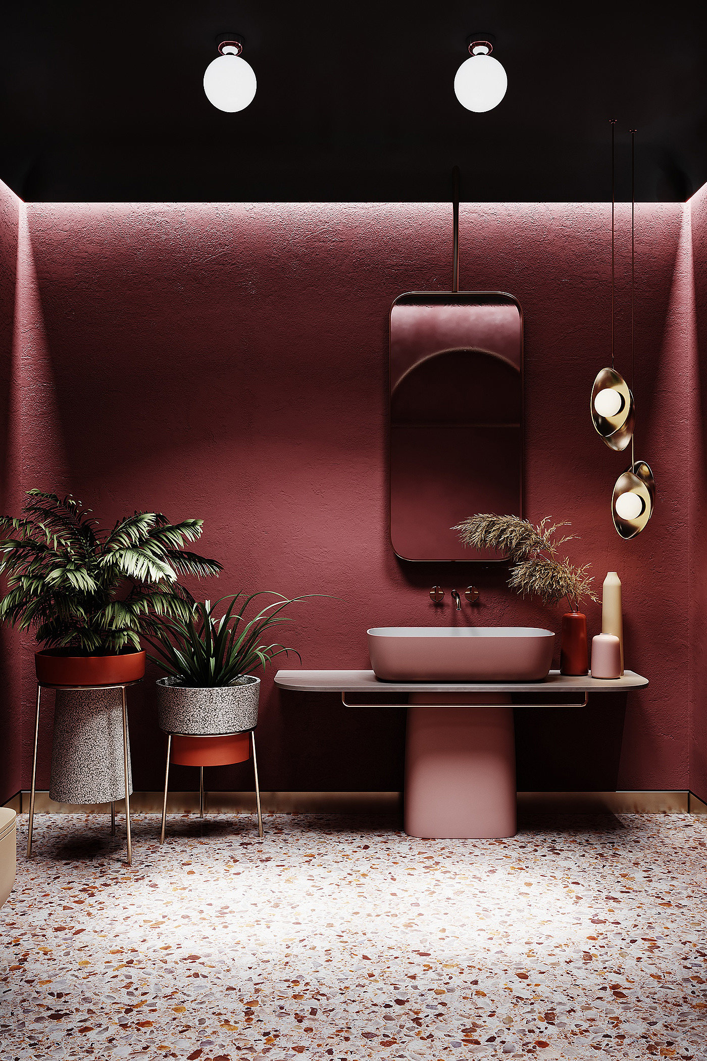 室内设计，红色，浴室，