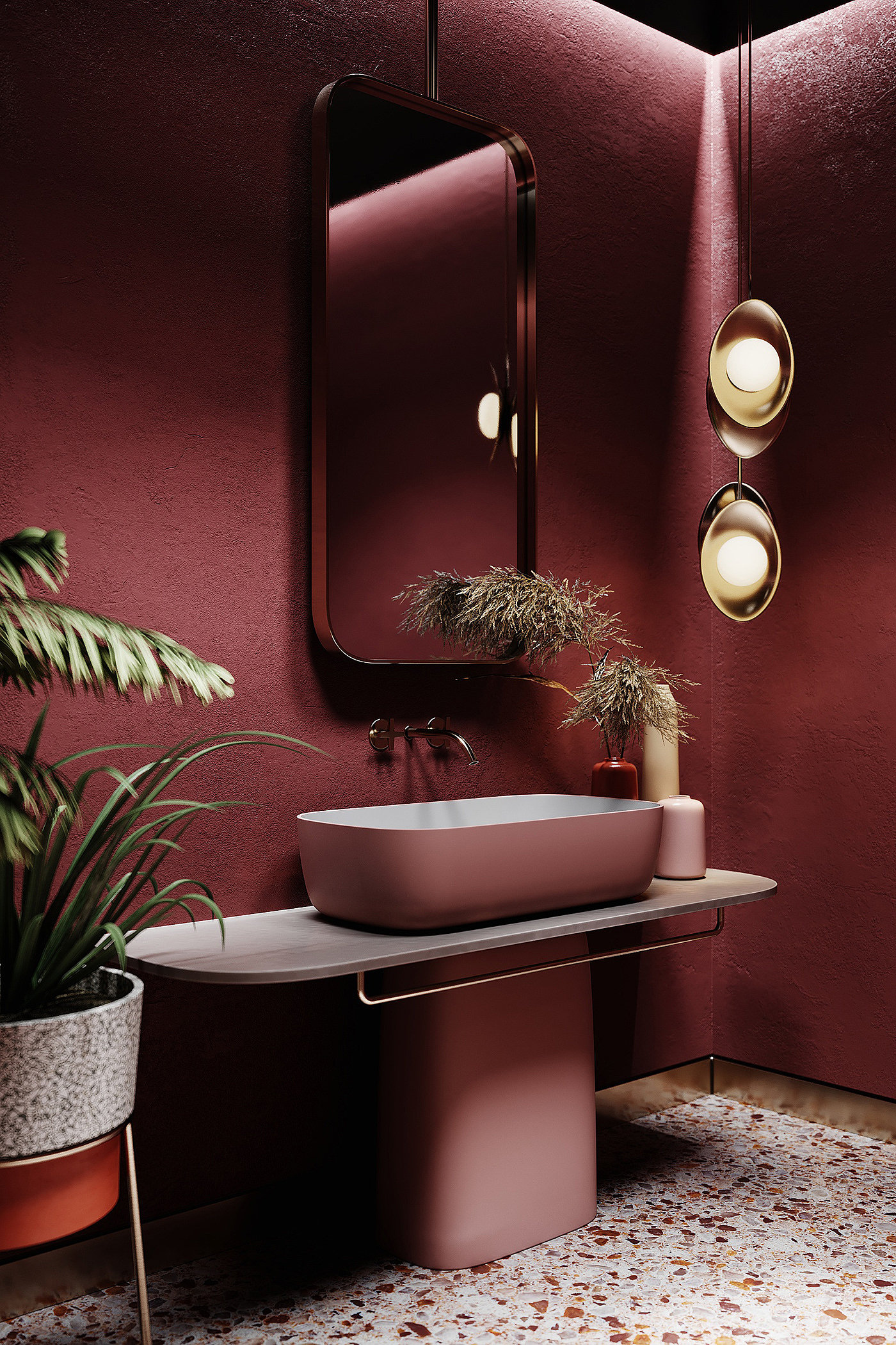 室内设计，红色，浴室，