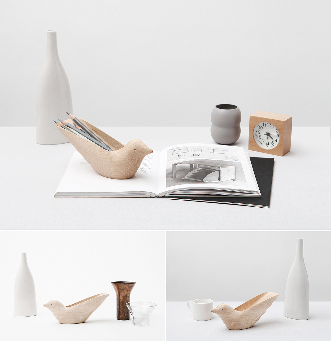 pen container，woodiness，red dot，bird，