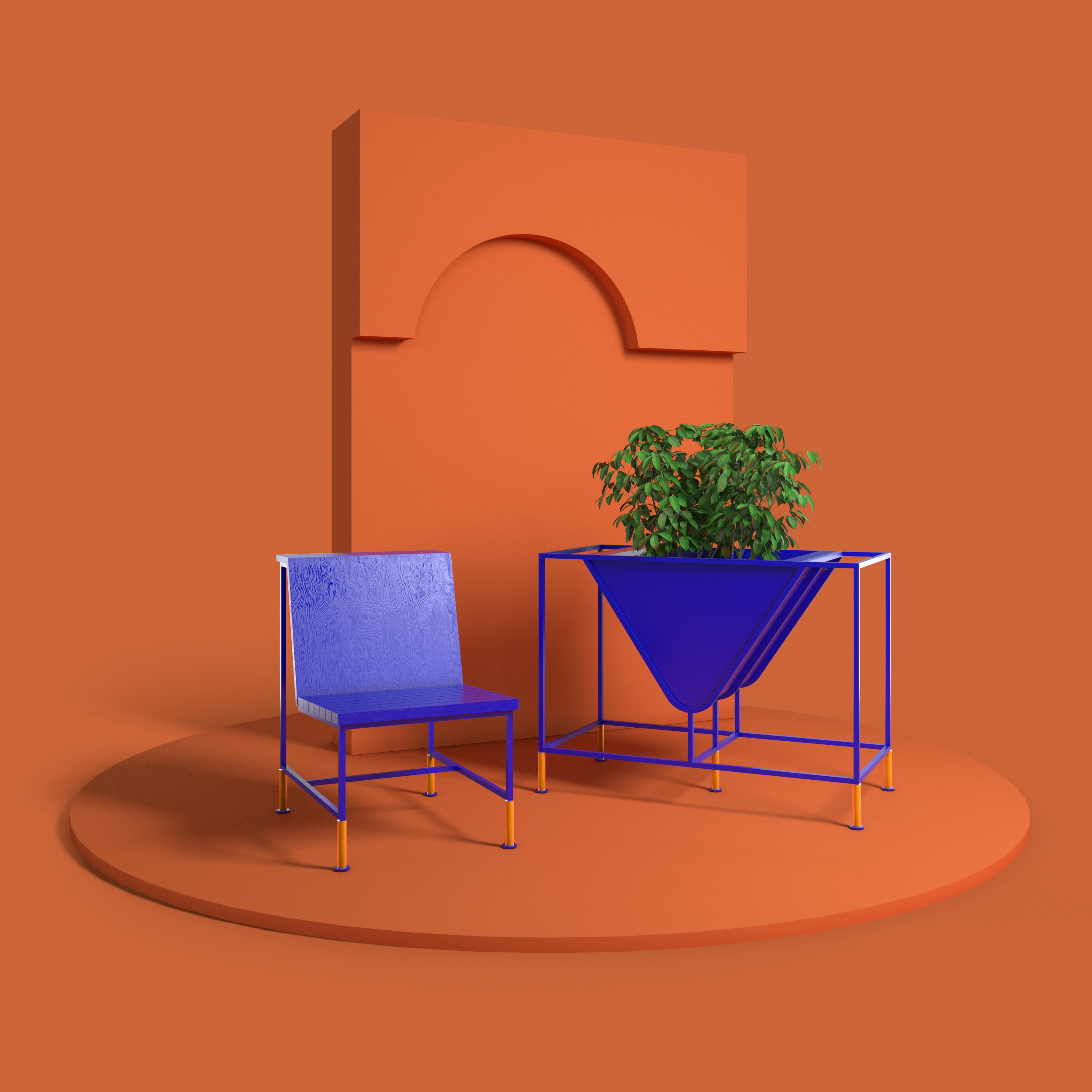 Color contrast，chair，Blue for brick wall，