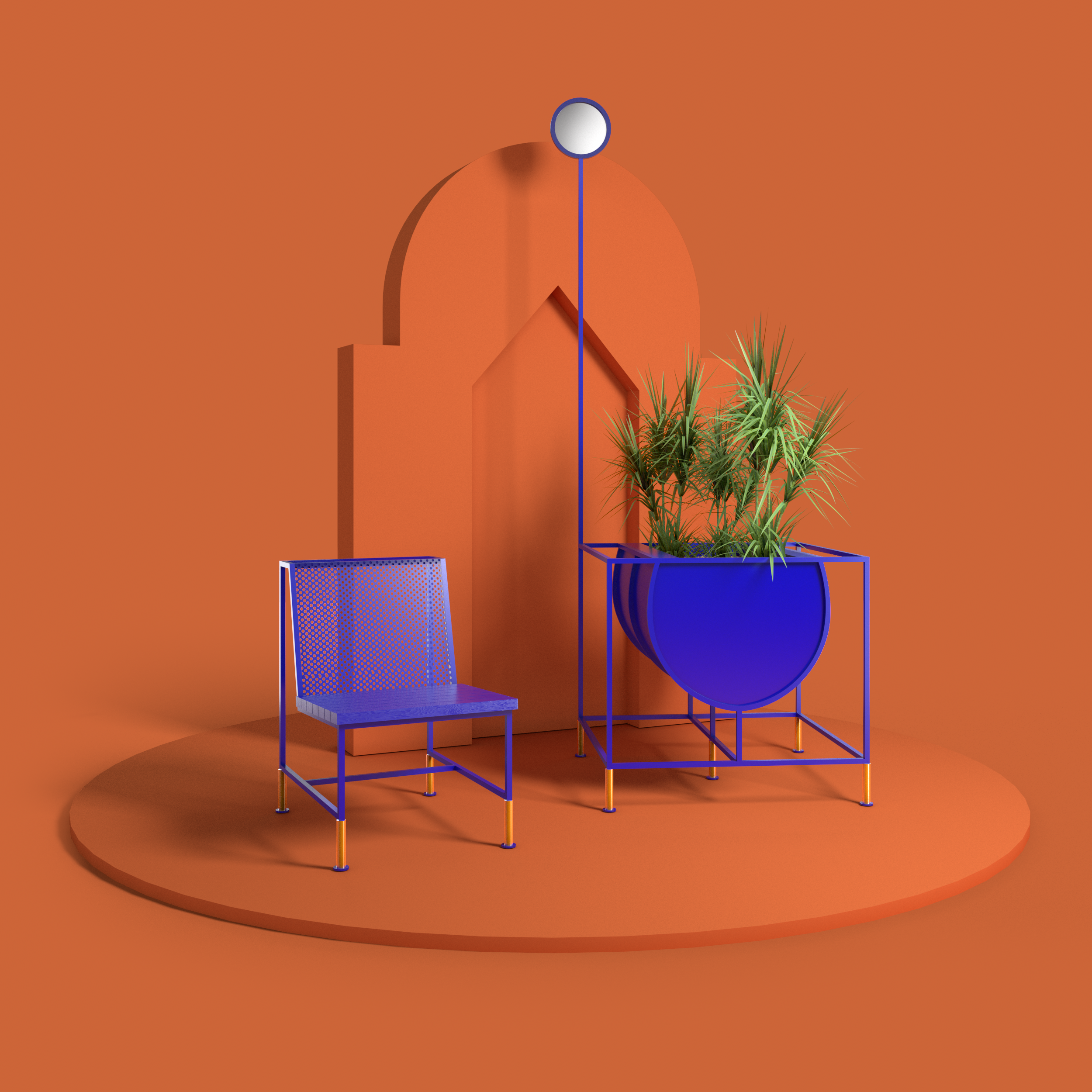 Color contrast，chair，Blue for brick wall，