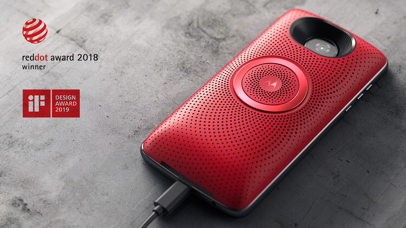 Moto Stereo，Motorola，motorcycle，speaker，Mobile phone shell，Matias Conti，2018 red dot award，2019if Award，