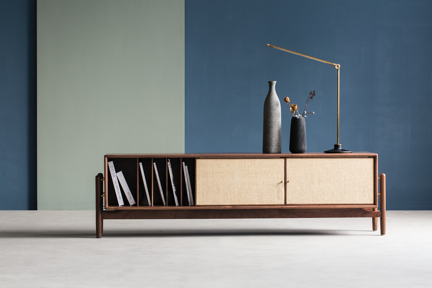 TV cabinet, paper rattan, solid wood，