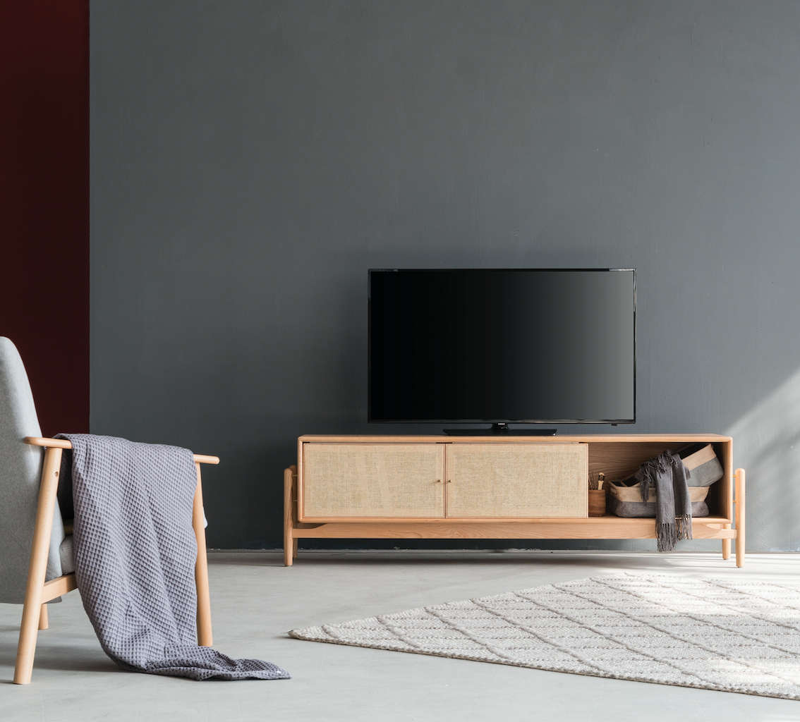 TV cabinet, paper rattan, solid wood，