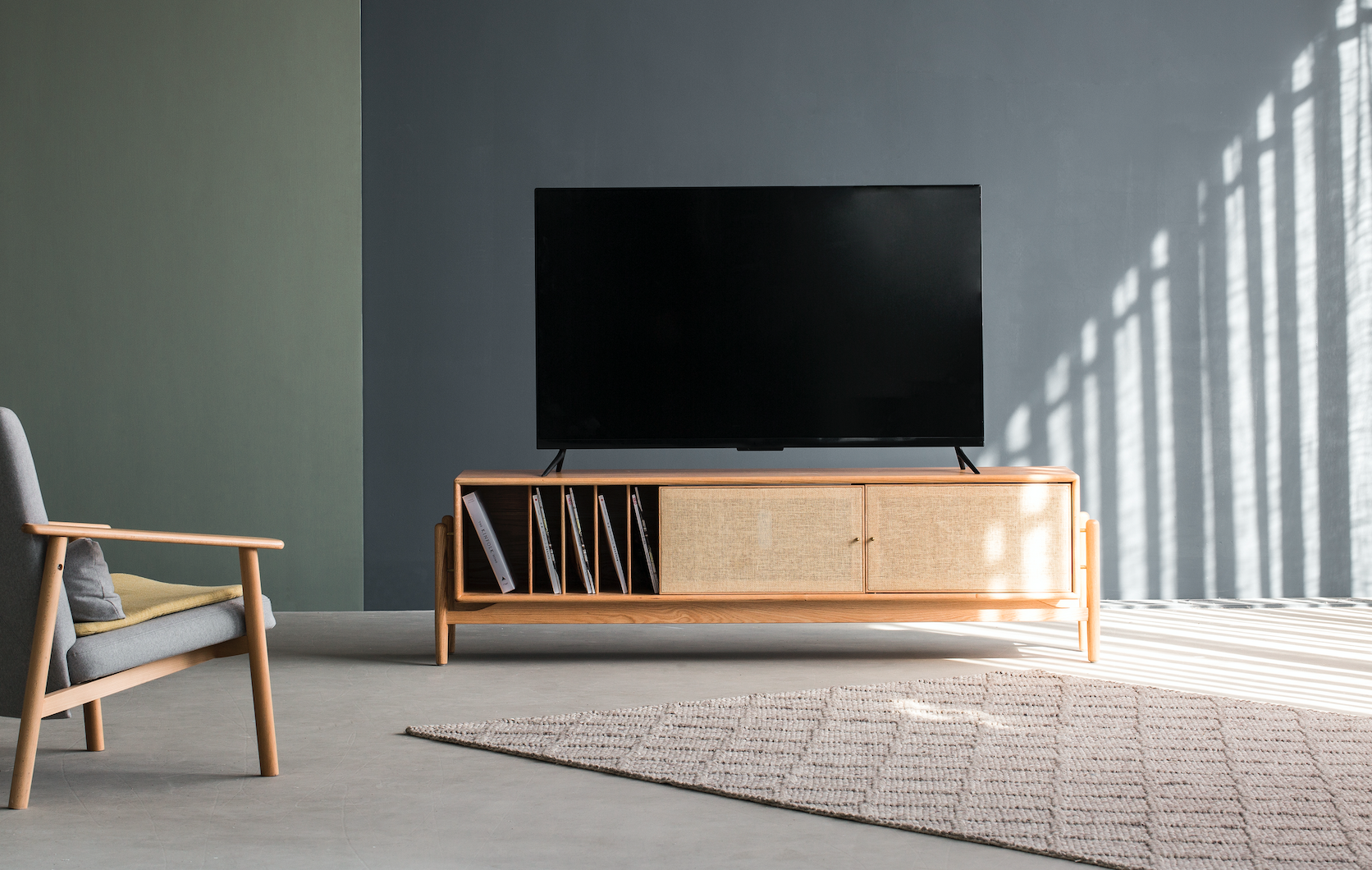 TV cabinet, paper rattan, solid wood，