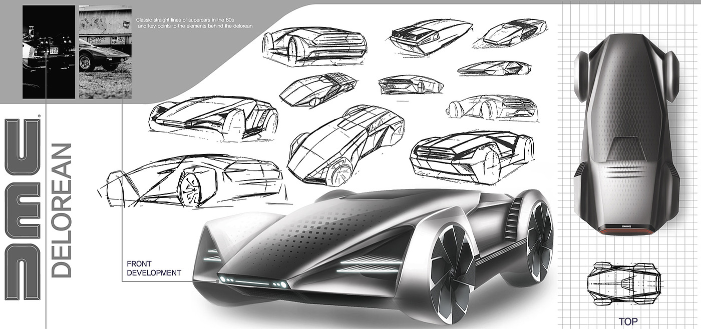 草图，汽车设计，Delorean car，