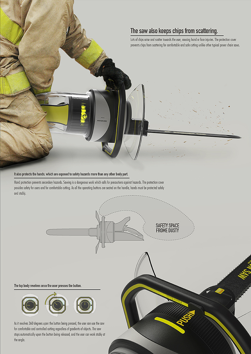 industrial design，product design，Power chain saw with rotating handle，Rotate 360 degrees，