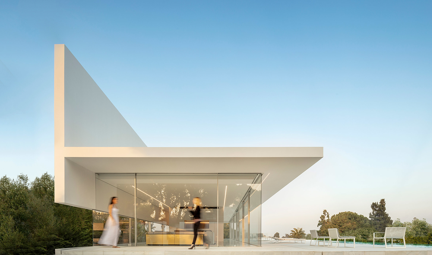 glass house，T-shape，white，house，Hoffman House，