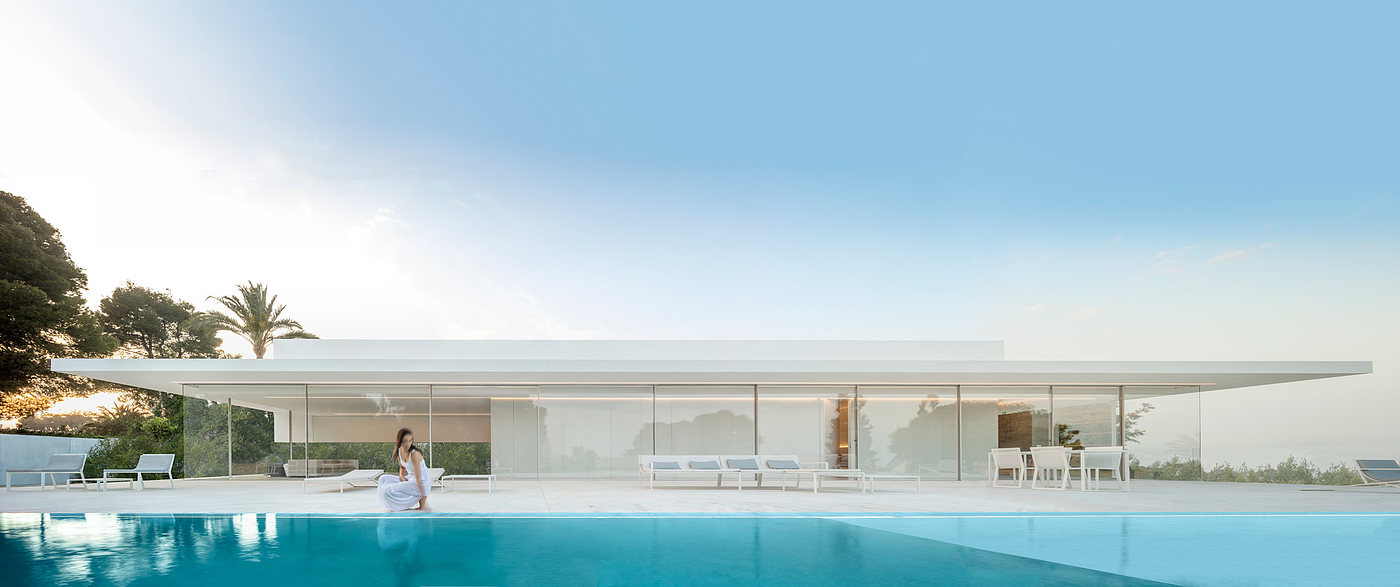 glass house，T-shape，white，house，Hoffman House，